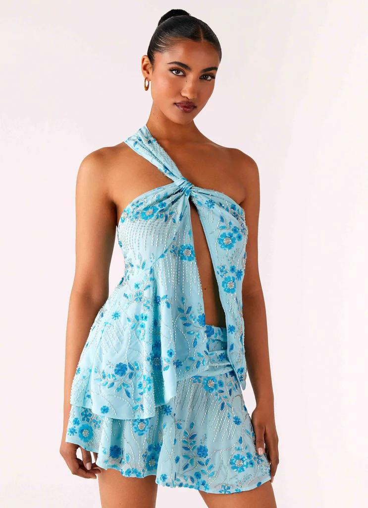 Top Asimmetrico Con Perline Delight Me - Blu