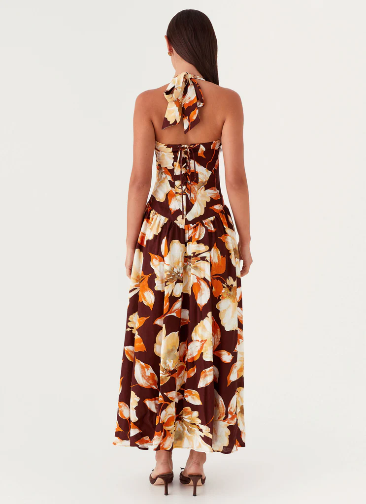 Abito Maxi in Lino Dahlia - Fiori Marroni