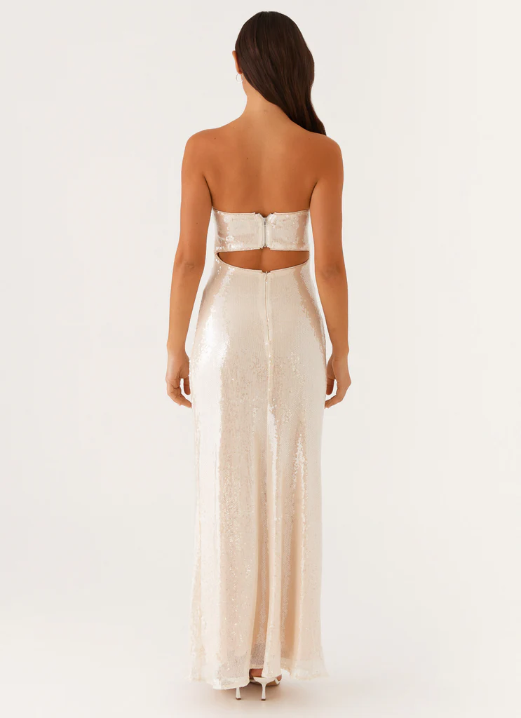 Vestito Lungo Tianna Senza Spalline in Paillettes - Avorio