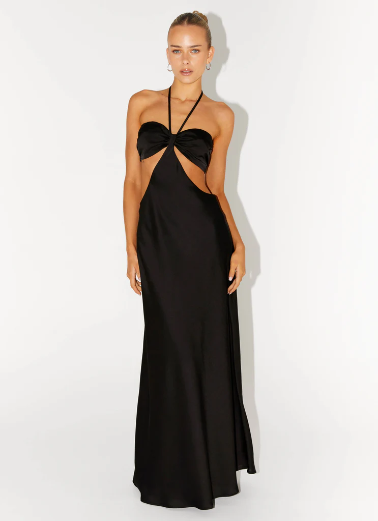 Abito Maxi con Scollatura a Cuore e Fessure - Nero