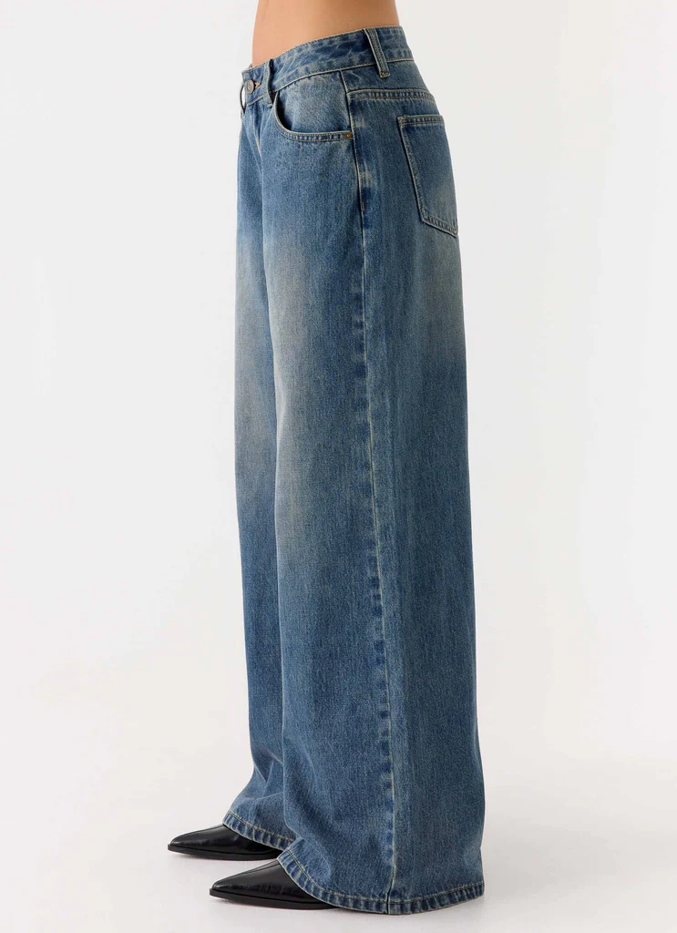 Jeans in Denim a Gambe Larghe Low Rise Neo - Lavaggio Blu Vintage
