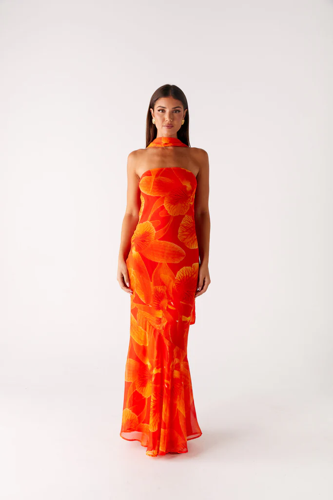 Abito Maxi Under The Pagoda - Fiori Arancione