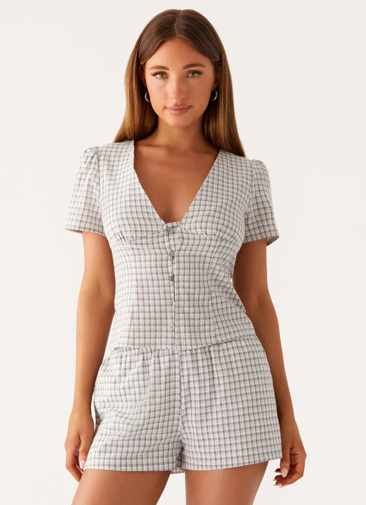 Top Button Up Adalina - Grigio a Quadri