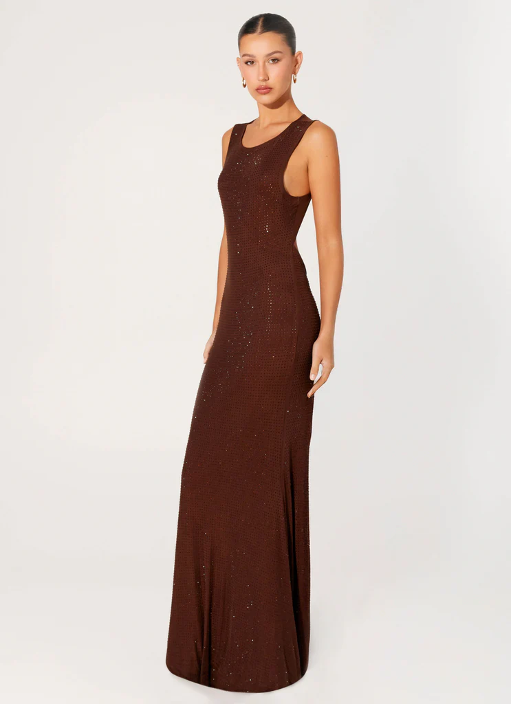 Abito Maxi con Paillettes Fiammanti - Cioccolato