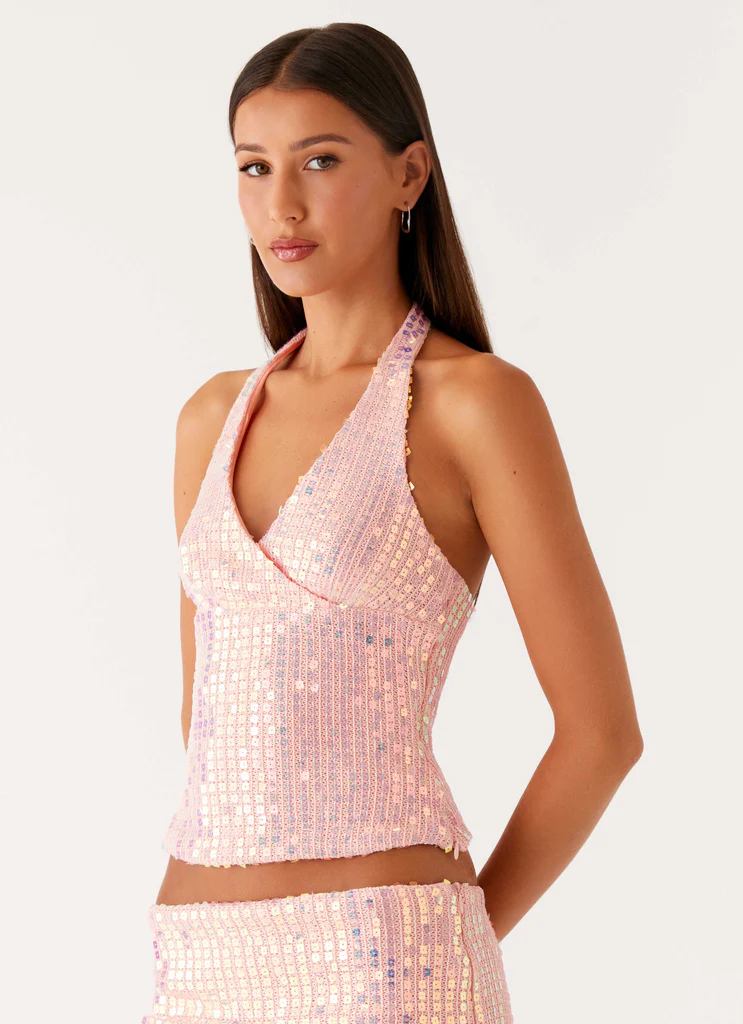 Top in maglia con paillettes a spalline incrociate Been That Girl - Rosa iridescente