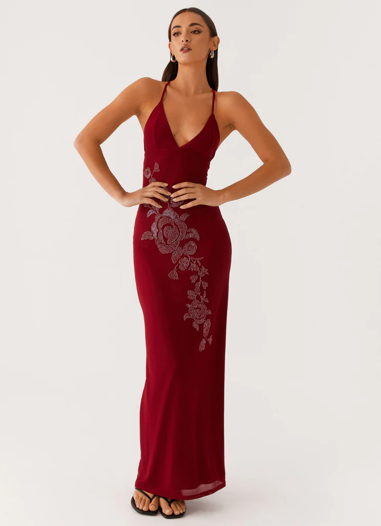 Abito Maxi in Rete con Perline Beki - Rosso Scuro