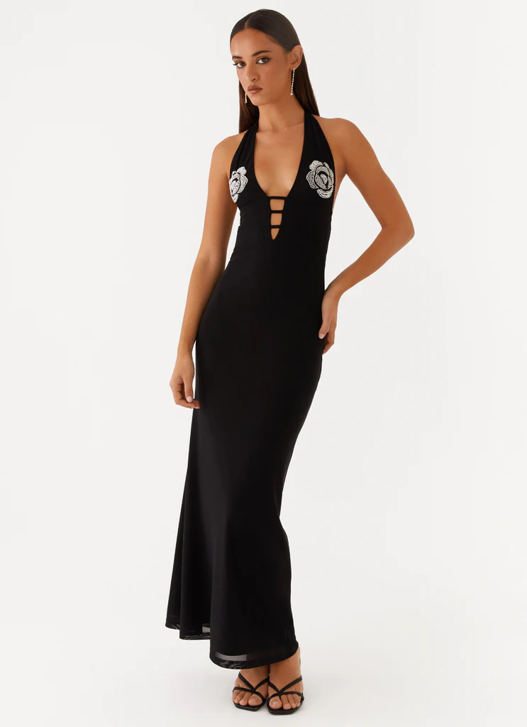 Vestito Maxi a Spalline con Perline Polina - Nero
