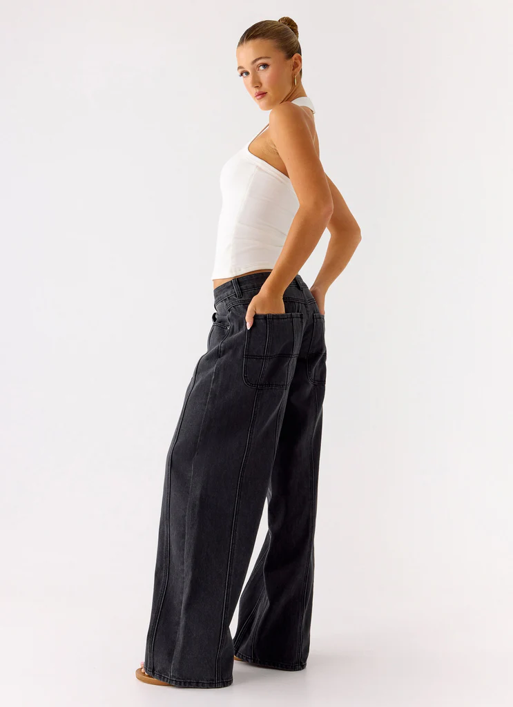 Jeans in Denim a Gamba Larga con Vita Bassa Johnny - Grigio Carbone