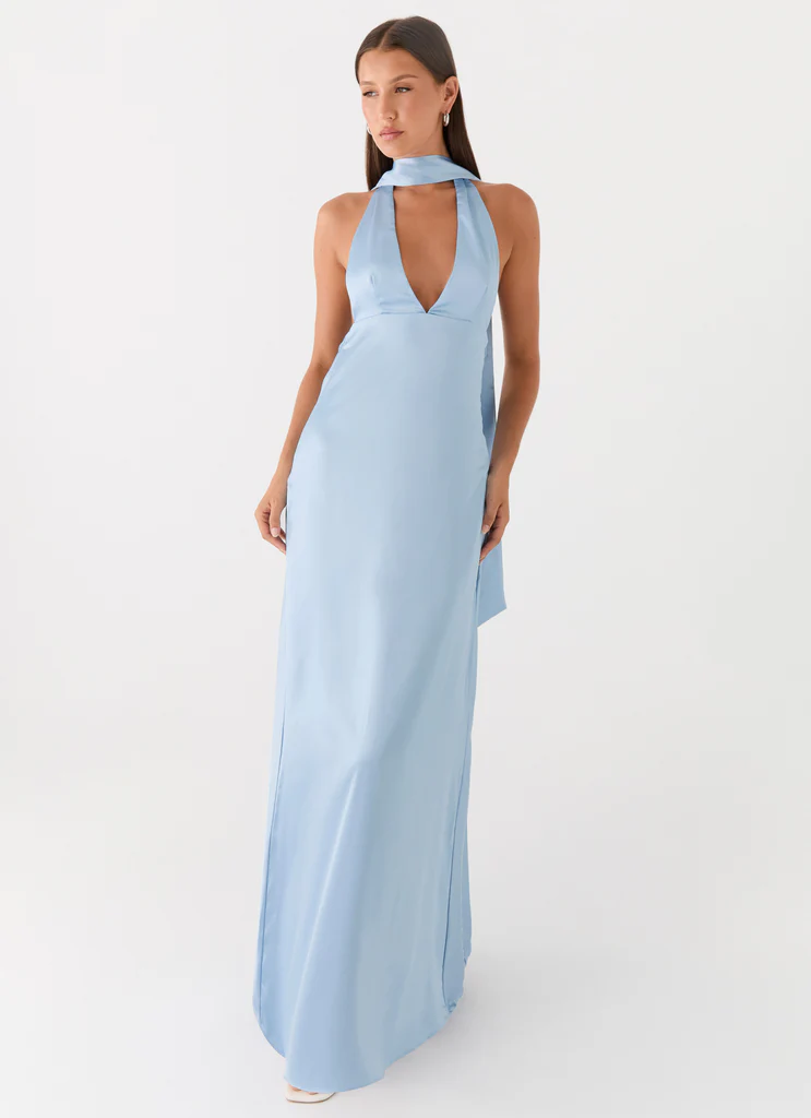 Alicia Abito Maxi in Satin con Spalline - Blu Baby