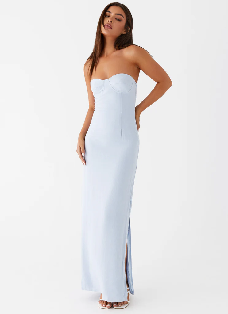 Abito Maxi Senza Spalline in Lino Esra - Blu