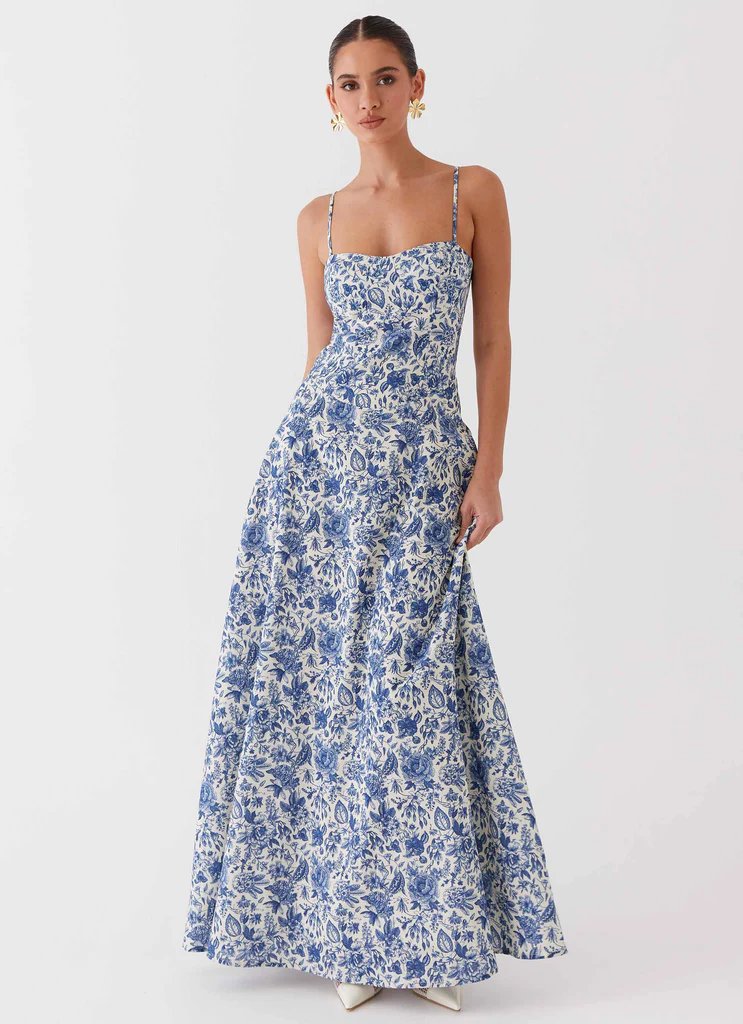 Abito Maxi in Lino Angelina - Blu Paisley