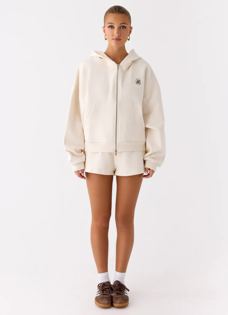 Signature Double Zip Up Hoodie - Crema