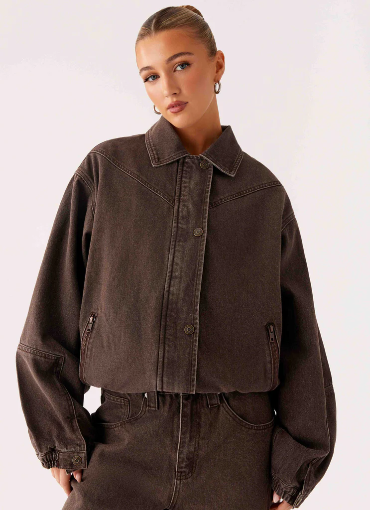 Giubbotto Bomber in Denim Lavato Midwest - Tinto Chiaro Cioccolato