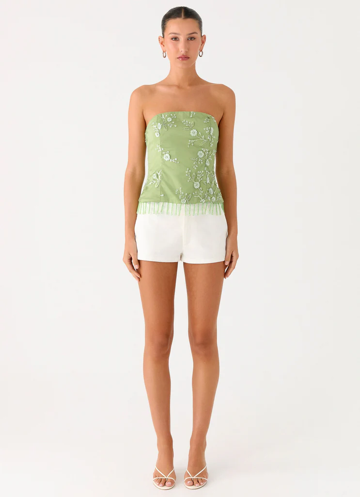 Top Senza Spalline con Perline Mare Giardino - Verde