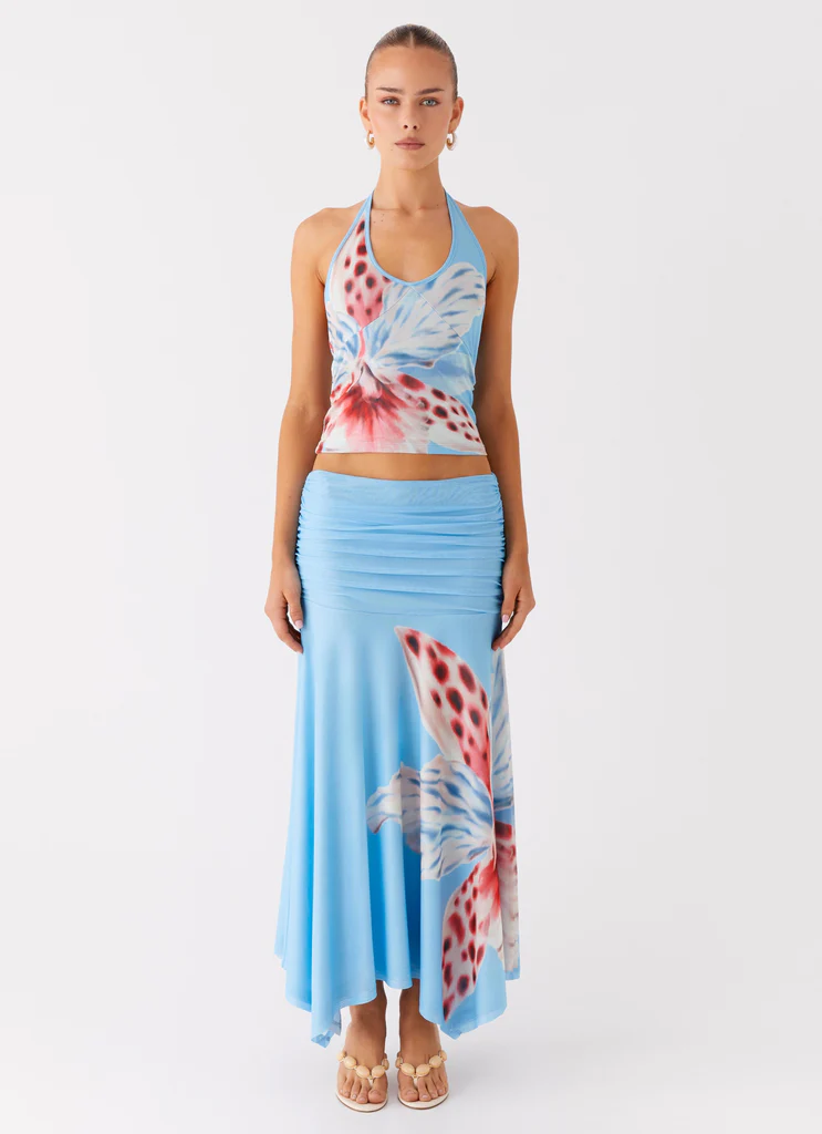 Gonna Maxi con Ruches Liana - Fioritura di Mare Profondo