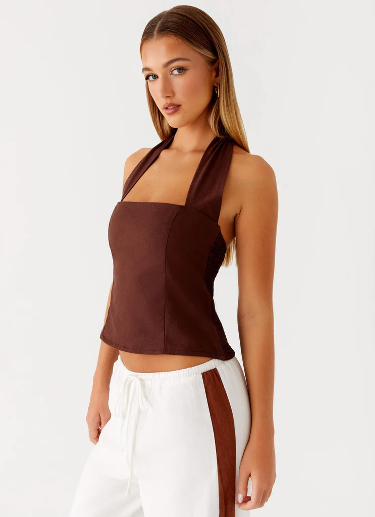 Top in Lino Sunflare con Cinturino - Cioccolato