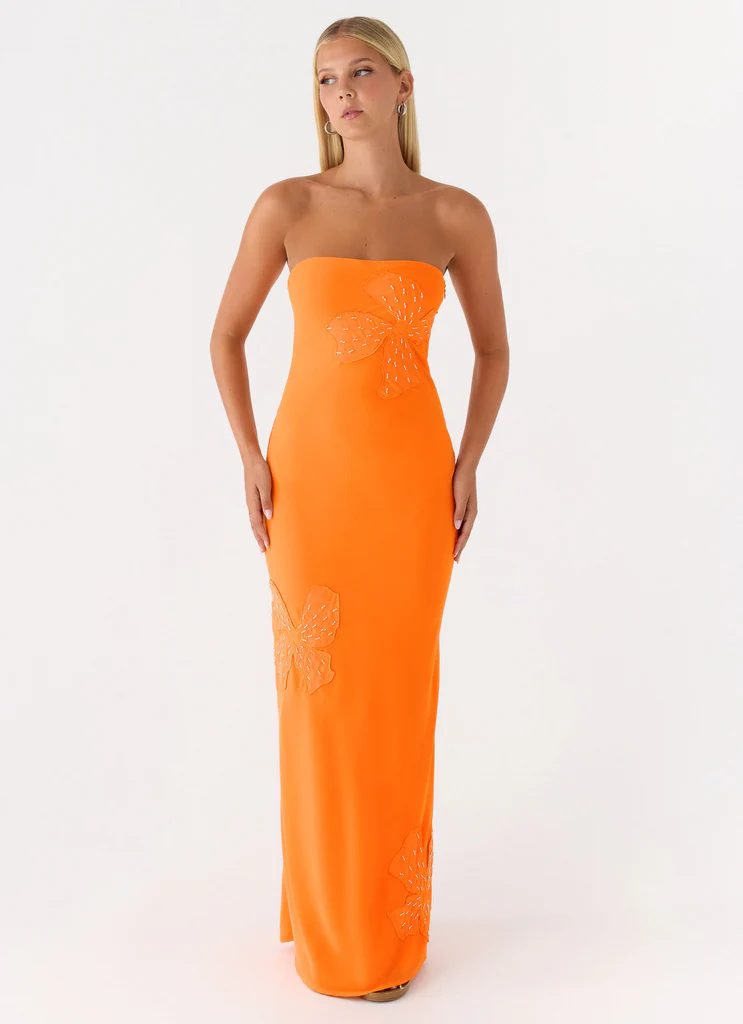 Sassafras Abito Maxi Senza Spalline con Fiori in Perline - Arancione