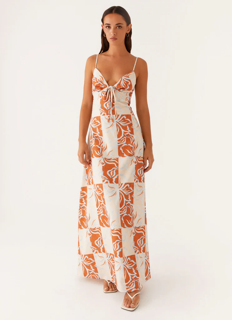 Abito Maxi in Lino Flora - Fiori Arancione Blu