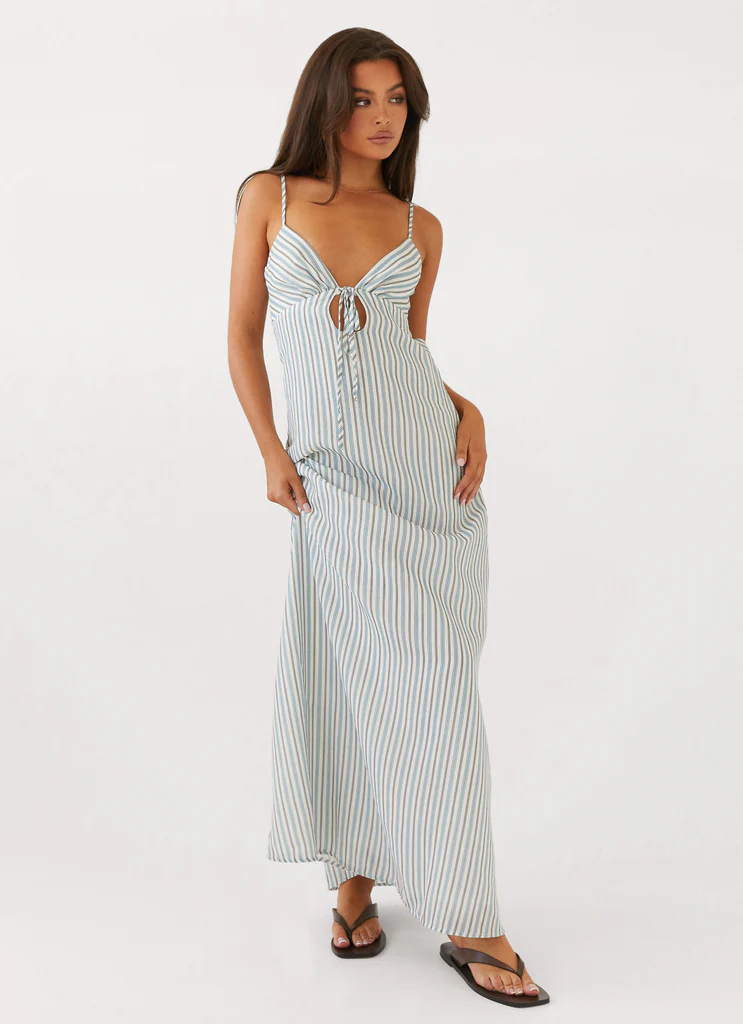 Abito Maxi in Lino Flora - Strisce Blu Cioccolato