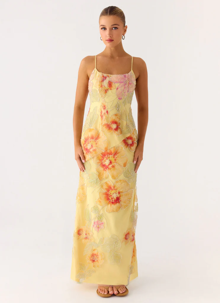 Abito Maxi con Perline Morning Light - Fiori Gialli