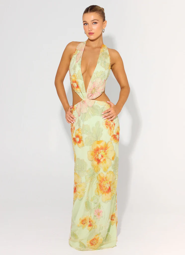 Really Something Abito Maxi Con Perline - Fiori Verdi Con Perline