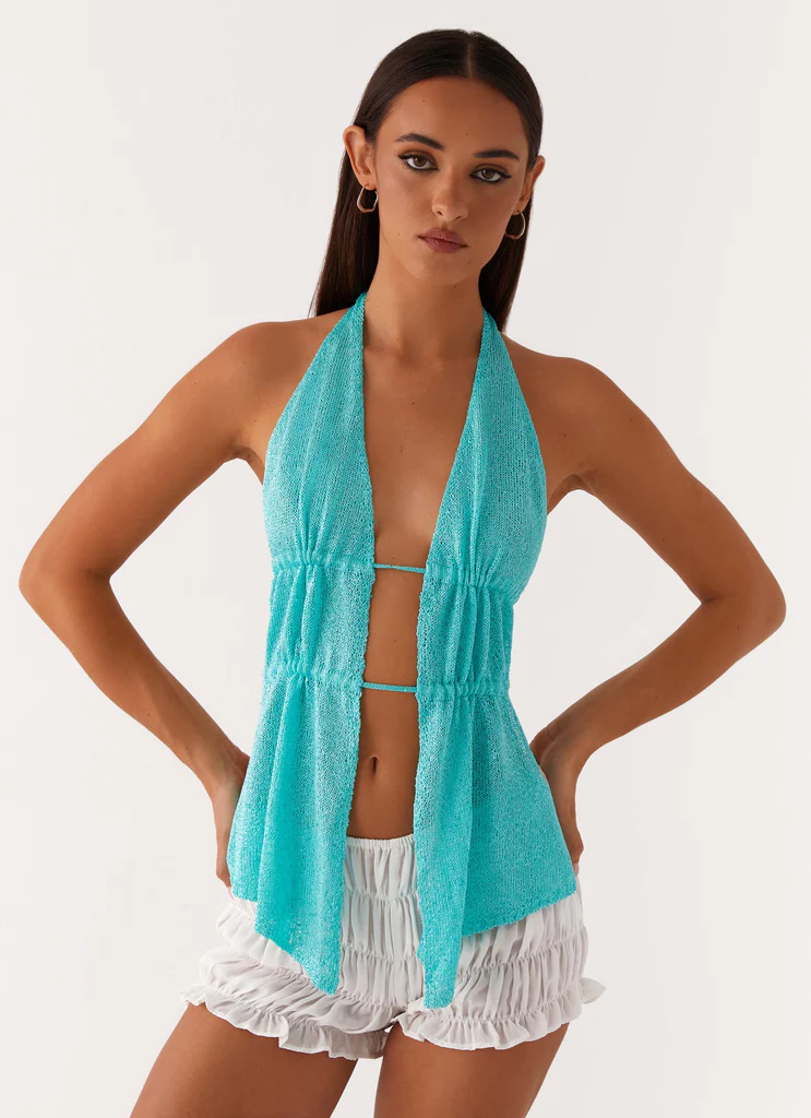 Top a spalline con arricciature Callie - Turchese