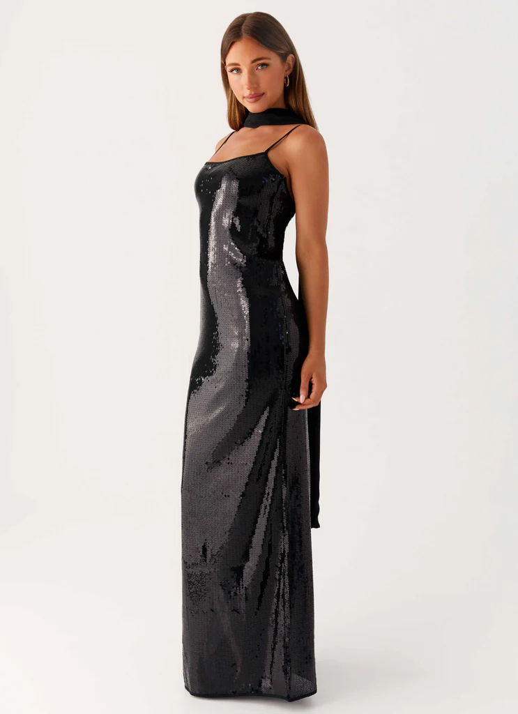 Abito Maxi con Spalle a Sciarpa e Paillettes - Nero