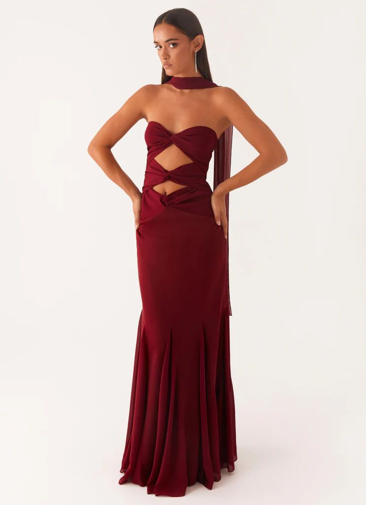 Vestito Maxi in Chiffon Satin Melrose - Rosso Scuro