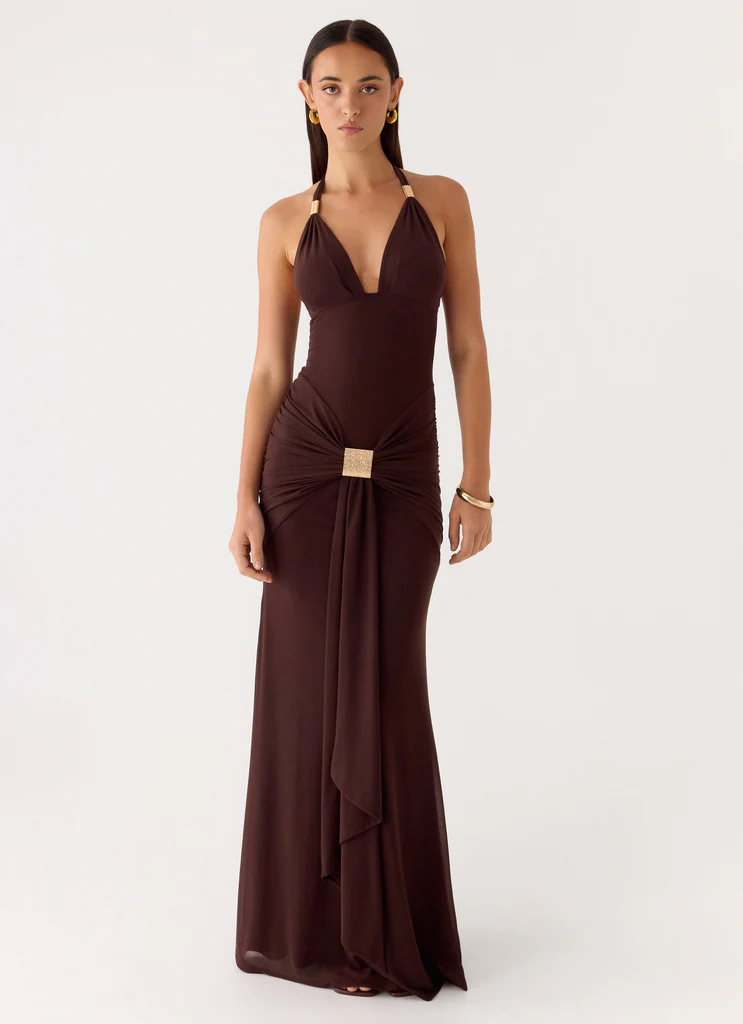 Miyah Halter Hardware Maxi Dress - Cioccolato