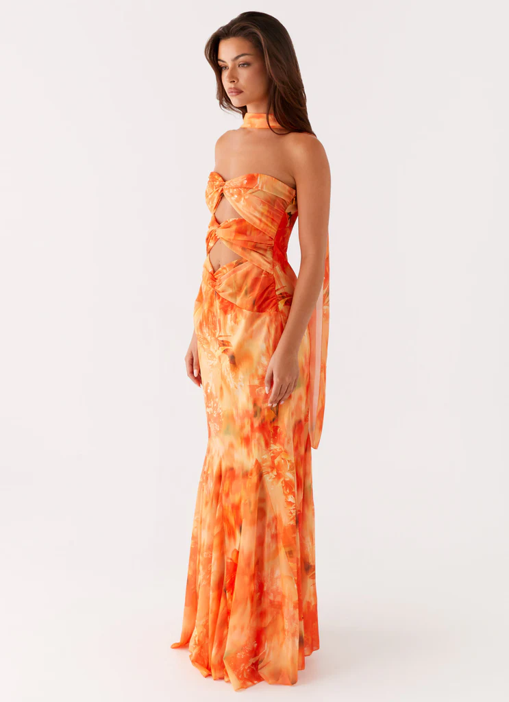 Abito Maxi in Satin e Chiffon Melrose - Fiore di Tramonto