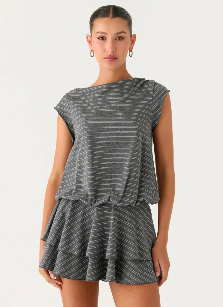 Vestito Mini a Collo Largo Bambola - Grigio A Strisce