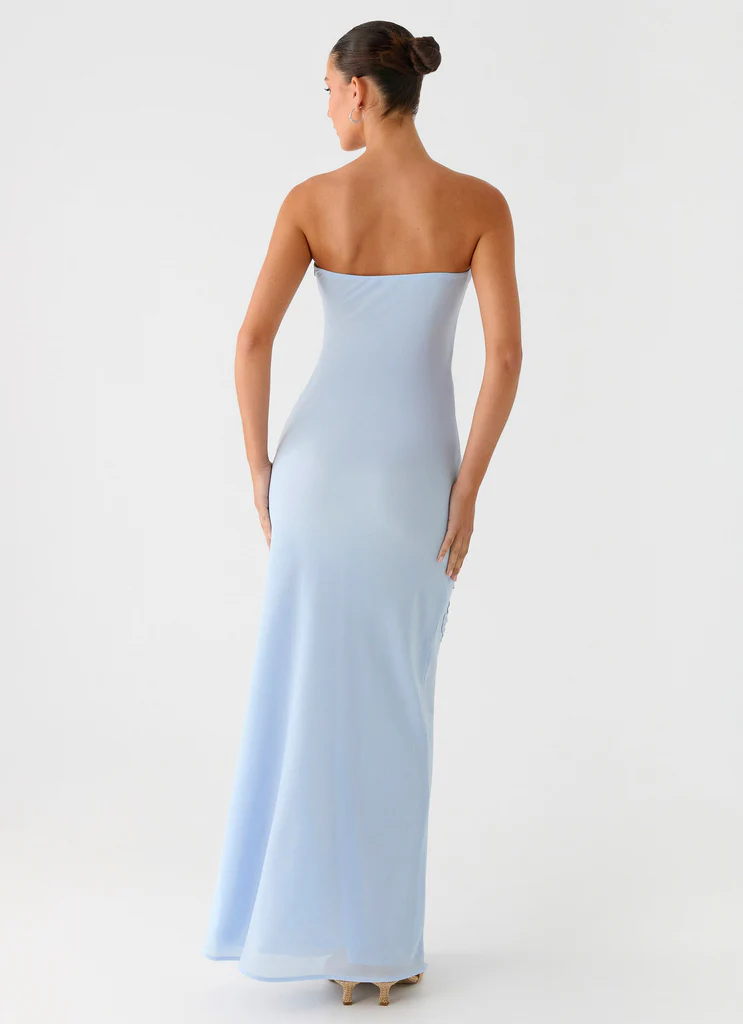 Sassafras Abito Maxi Senza Spalline con Fiori Applicati - Blu