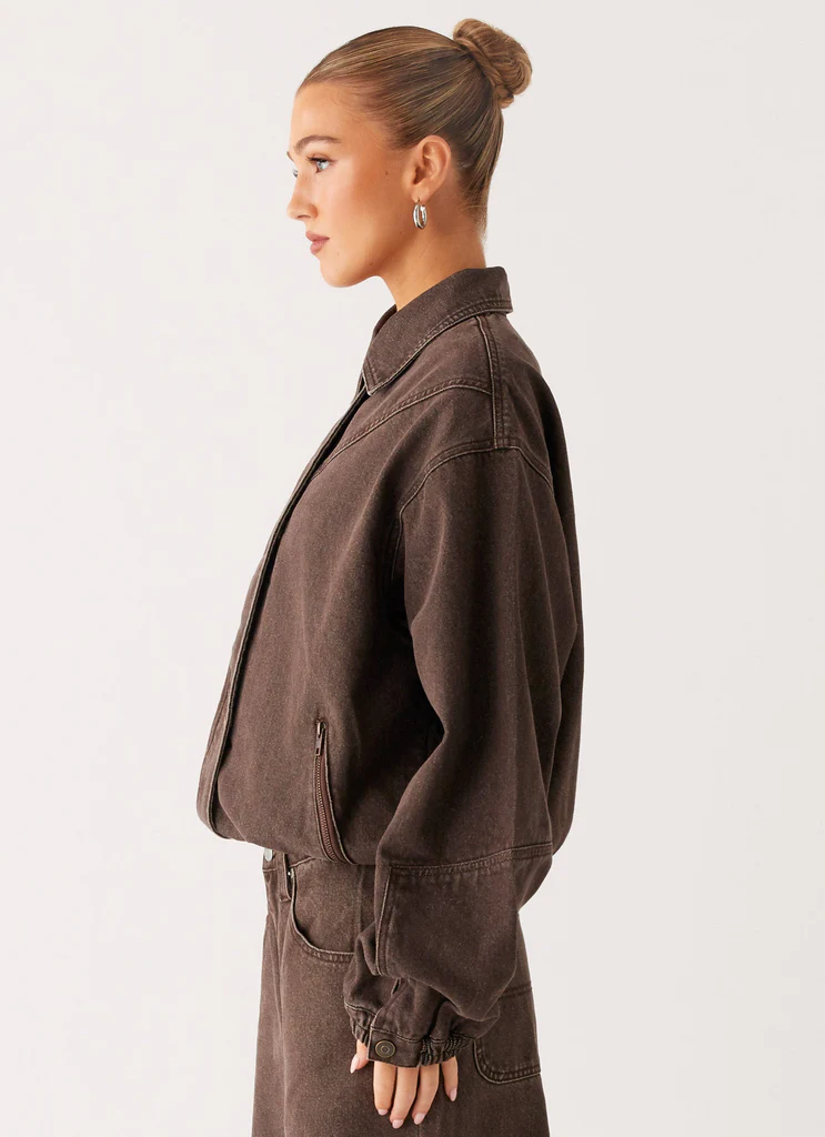 Giubbotto Bomber in Denim Lavato Midwest - Tinto Chiaro Cioccolato