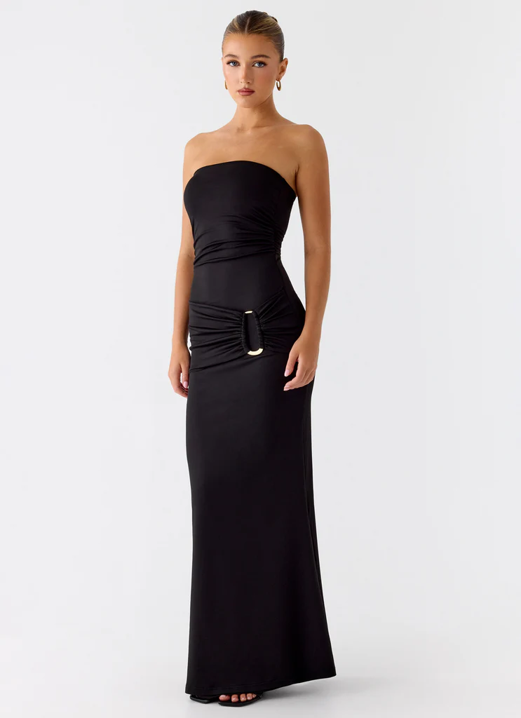 Abito Maxi Senza Spalline in Metallo con Cuore - Nero