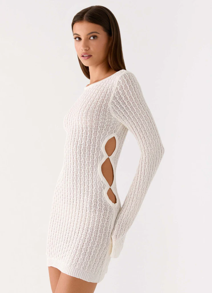 Vestito Mini All'uncinetto a Maniche Lunghe Zenzi - Bianco