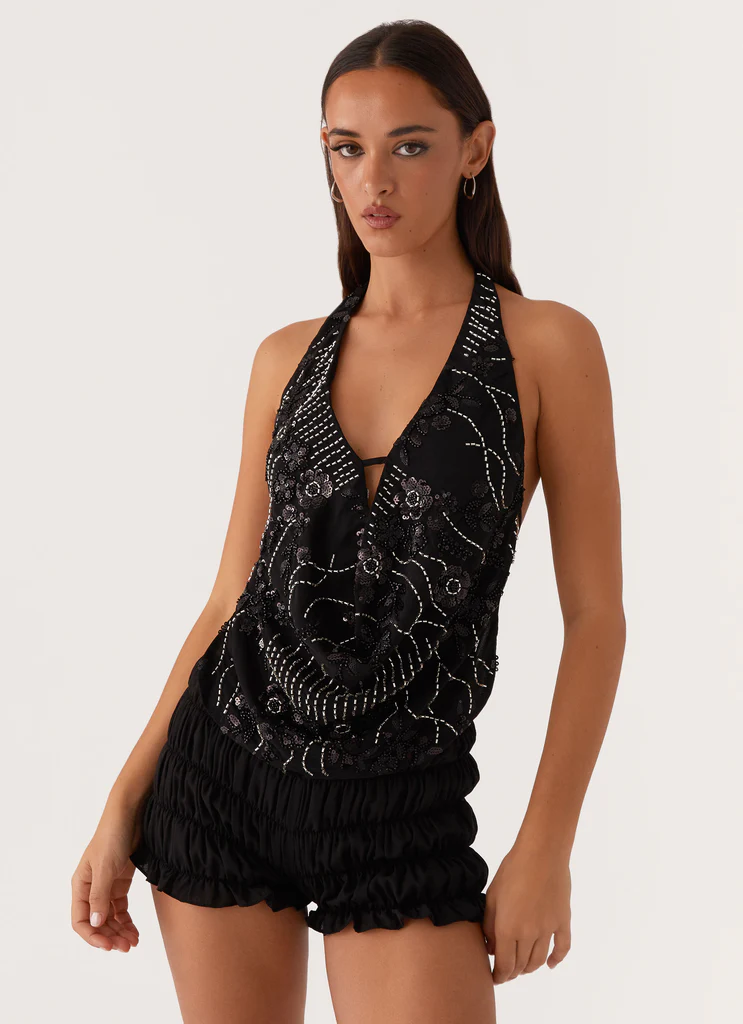 Top a scollo a camicia con perle Gail - Nero