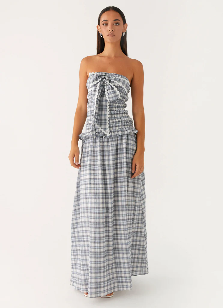 Vestito Maxi Shirred Malia - Azzurro Grigio a Quadri