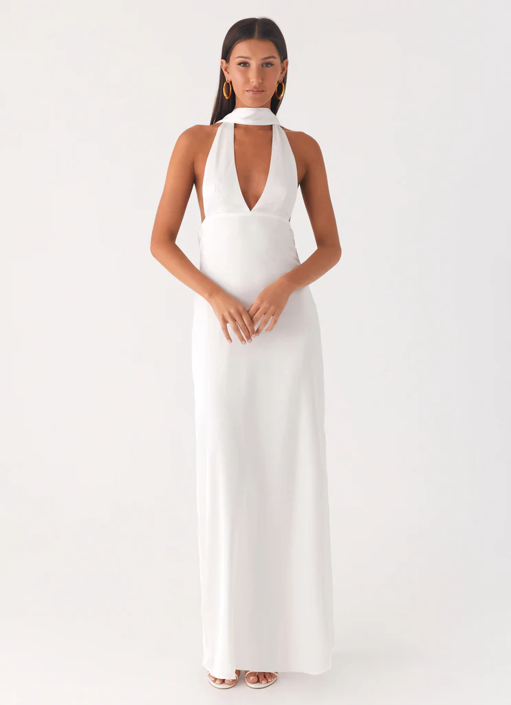Alicia Abito Maxi in Satin con Cinturino alla Gola - Bianco