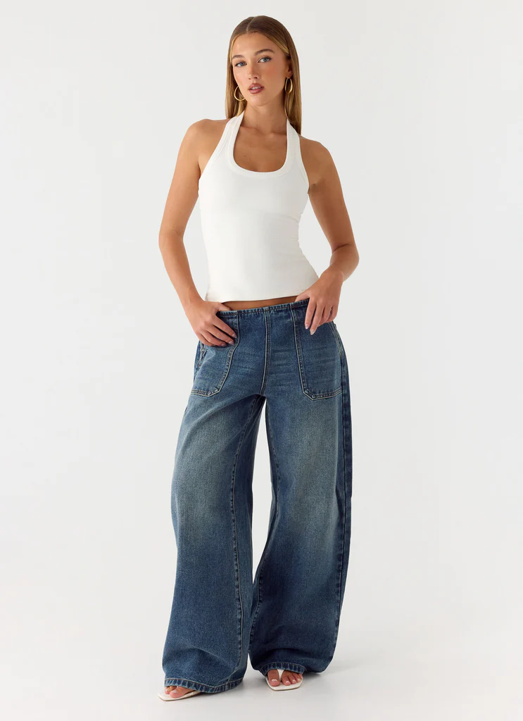 Jeans in Denim Lavato a Vita Bassa Seethal - Blu Medio