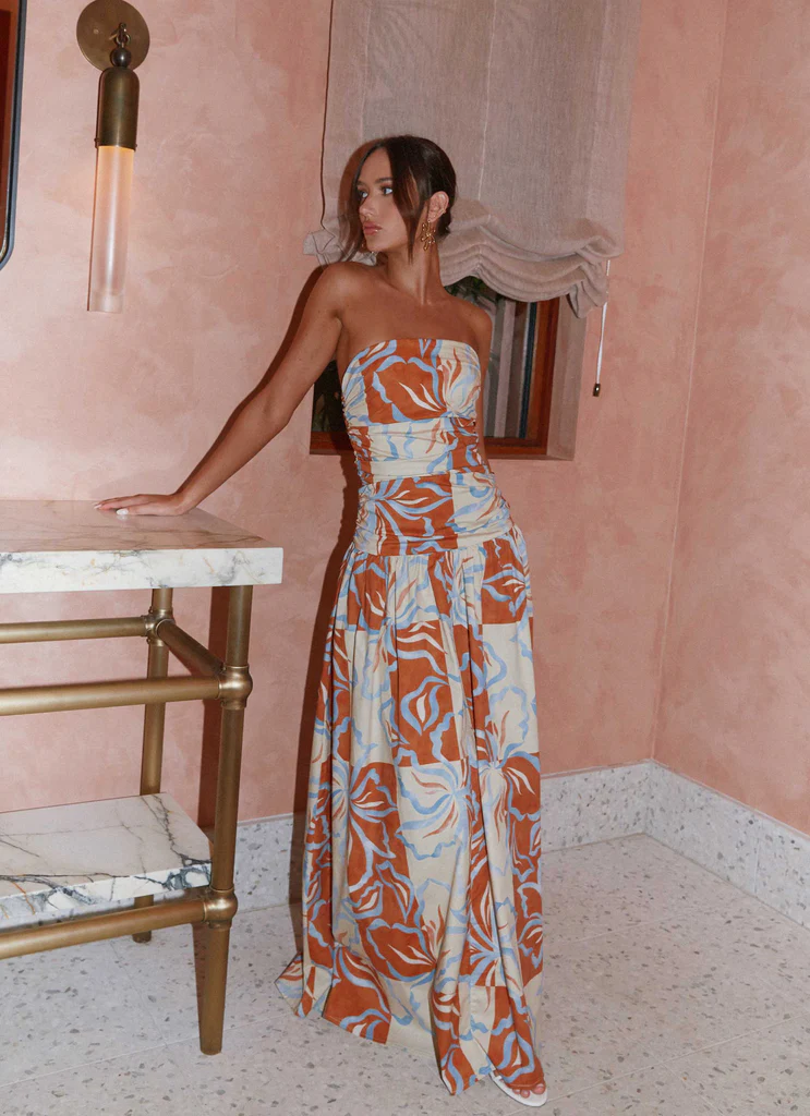 Vestito Maxi Carmel - Fiori Arancione Blu