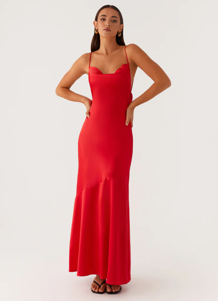 Vestito Lungo in Seta con Scollatura a Camicia Alianna - Rosso