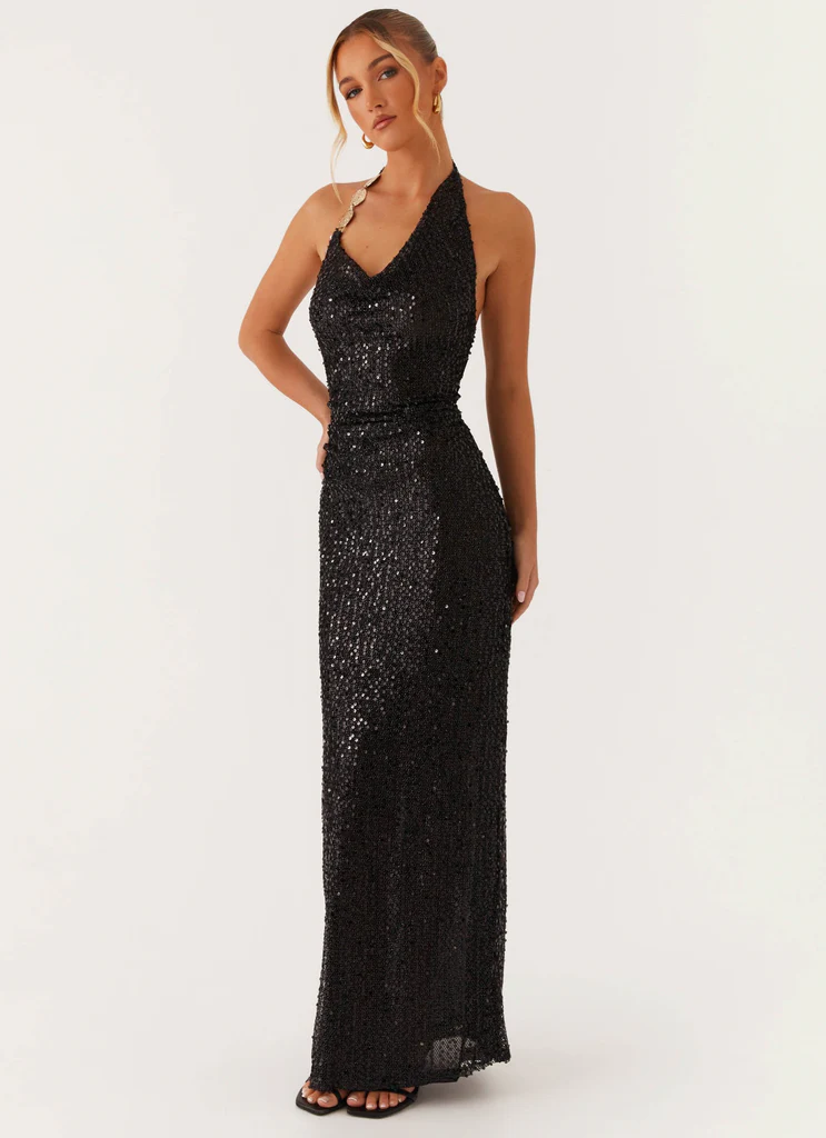 Abito Maxi con Scintillii e Collo a Camicia After Tonight - Nero