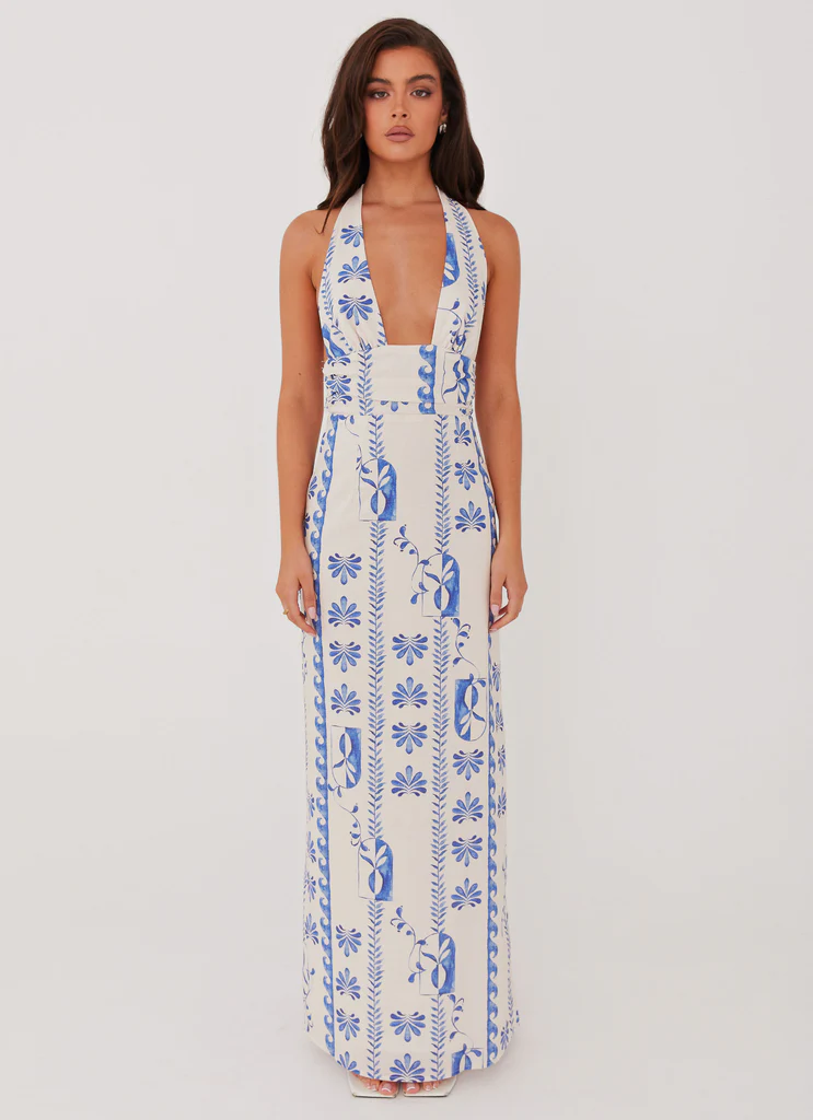 Abito Maxi in Lino Sky - Wave Floreale