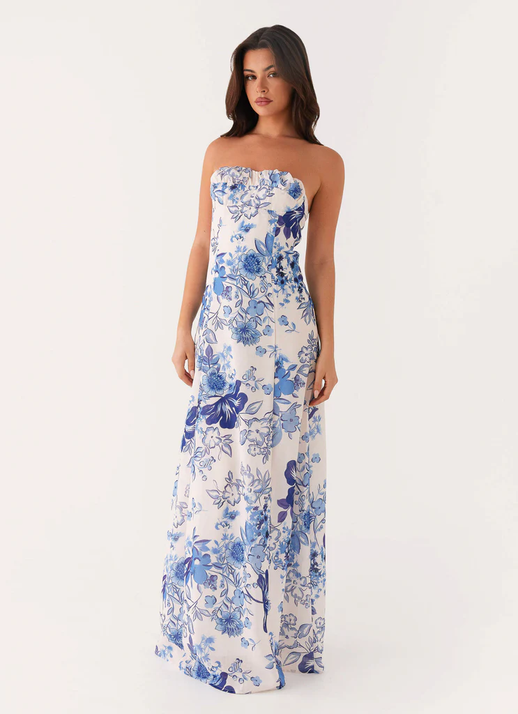 Abito Maxi in Lino Tayla - Fiori Sereno Cielo
