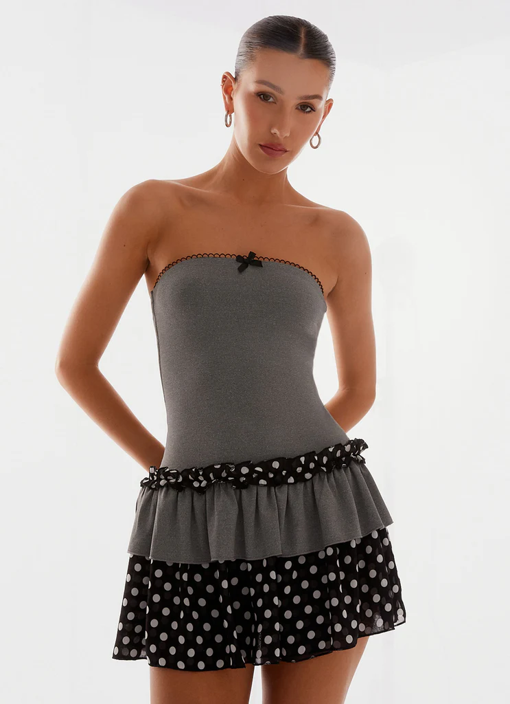 Vestito Mini senza Spalline con Pieghe Yerin - Grigio a Puntini