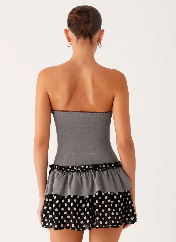 Vestito Mini senza Spalline con Pieghe Yerin - Grigio a Puntini