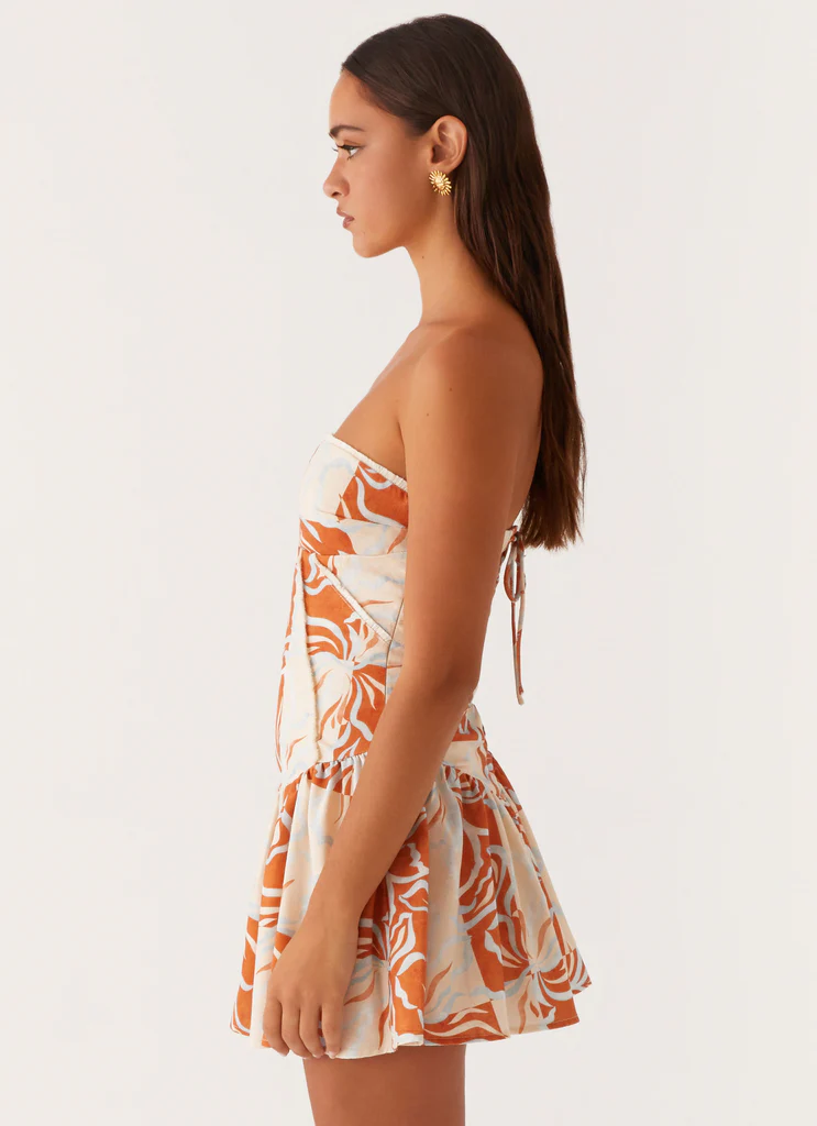 Larnie Mini Vestito in Lino - Fiori Arancione Blu