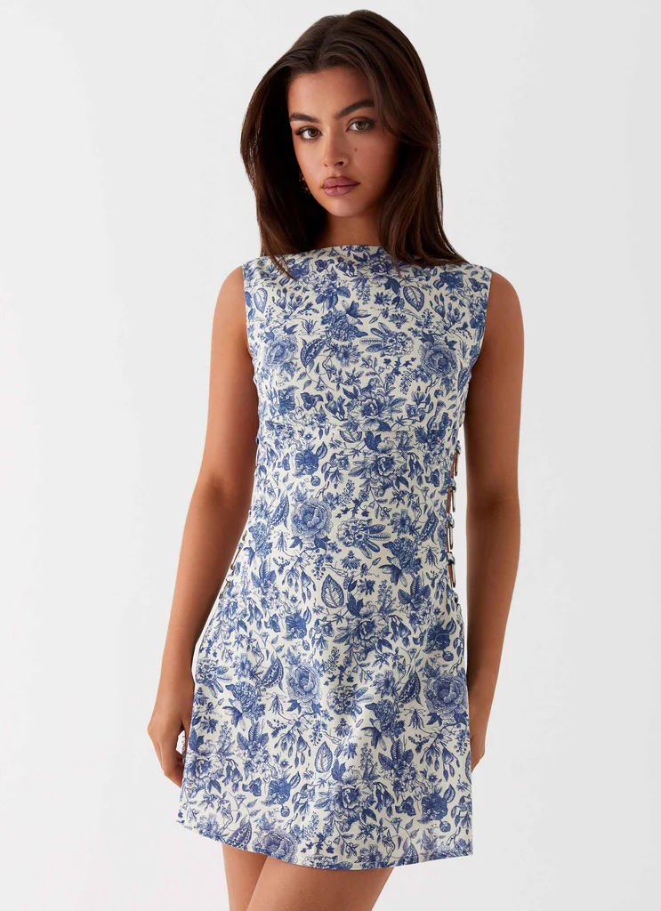 Vestito Mini in Lino Indigo Bloom - Paisley Blu