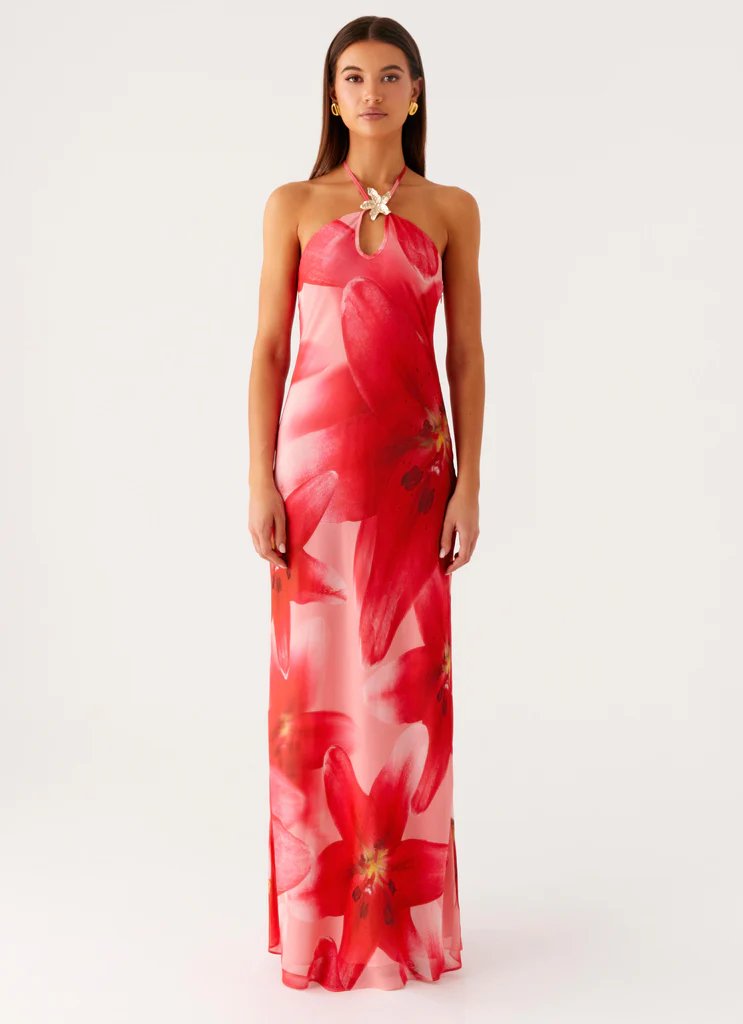 Vestito Maxi in Chiffon Vatiana - Fiori di Melone Pesca