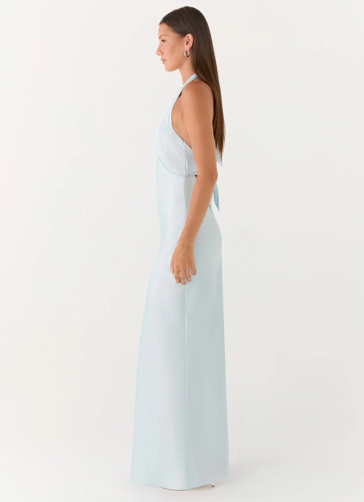 Abito Maxi in Seta con Design a Schiena Aperta - Blu Ghiaccio